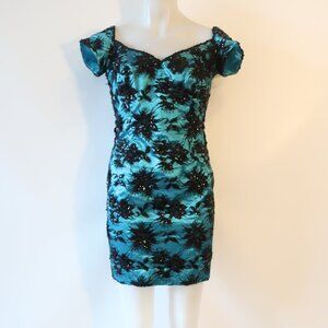 Womens Bloomingdale's Black Aqua Blue Floral Sequin Lace Mesh Cocktail Dress M *